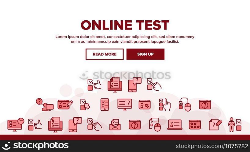 Online Test Landing Web Page Header Banner Template Vector. Survey And Questionnaire, Online Mobile Checklist, Poll And Vote Illustration. Online Test Landing Header Vector