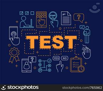 Online test word concepts banner. Exam, examination. Presentation, website. Elearning. Educational testing. Task solving. Isolated lettering typography with linear icons. Vector outline illustration. Online test word concepts banner