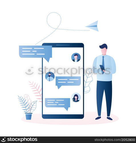 Online testimonials,big smartphone with speech bubbles and avatars, businessman with cellphone,trendy style vector illustration