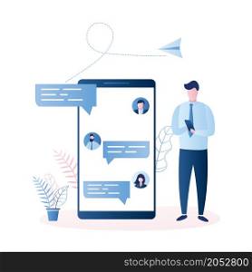 Online testimonials,big smartphone with speech bubbles and avatars, businessman with cellphone,trendy style vector illustration