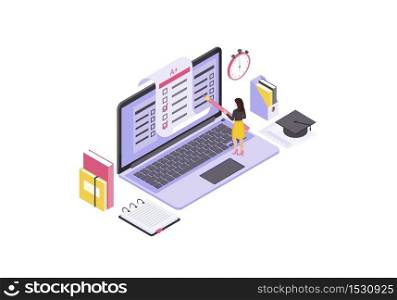 Online testing isometric color vector illustration. Student remote examination infographic. Computer with exam, homework forms. E learning 3d isolated concept. Knowledge check. Distance education. Online testing isometric color vector illustration