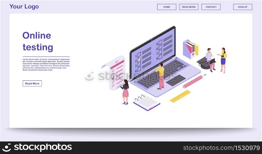 Online testing webpage vector template with isometric illustration. Student testing, education website interface. Computer display with exam forms. Examination test webpage, mobile app 3d concept. Online testing webpage vector template with isometric illustration