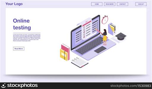 Online testing webpage vector template with isometric illustration. Student testing, education website interface design. Computer display with exam forms. Examination test webpage 3d concept. Online testing webpage vector template with isometric illustration