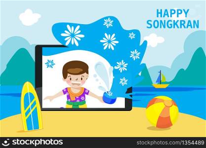Online Thai New Year during covid-19 coronavirus outbreak.Boy stay at home playing splash water for Songkran festival in Thailand on mobile digital screen. Digital transformation. Summer time.