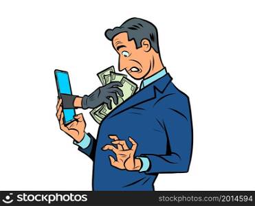 Online theft of electronic money, hacking and Internet crime. Comic cartoon hand drawing retro vintage. Online theft of electronic money, hacking and Internet crime