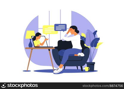 Online therapy and counselling under stress and depression. Young woman psychotherapist supports female with psychological problems. Vector illustration. Online therapy and counselling under stress and depression. Young woman psychotherapist supports female with psychological problems. Vector