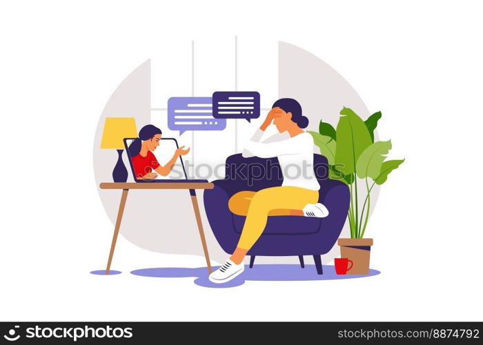 Online therapy and counselling under stress and depression. Young woman psychotherapist supports female with psychological problems. Vector illustration