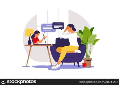 Online therapy and counselling under stress and depression. Young woman psychotherapist supports female with psychological problems. Vector illustration