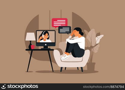 Online therapy and counselling under stress and depression. Young woman psychotherapist supports female with psychological problems. Vector illustration. Online therapy and counselling under stress and depression. Young woman psychotherapist supports female with psychological problems. Vector