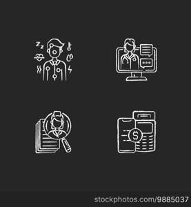 Online therapy service chalk white icons set on black background. Chat consultation. Choosing medical specialist. Pay service. Life-threatening signs. Isolated vector chalkboard illustrations. Online therapy service chalk white icons set on black background