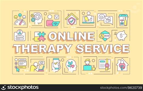 Online therapy service text with various thin line icons concept on yellow monochromatic background, editable 2D vector illustration.. 2D online therapy service text with multicolor line icons