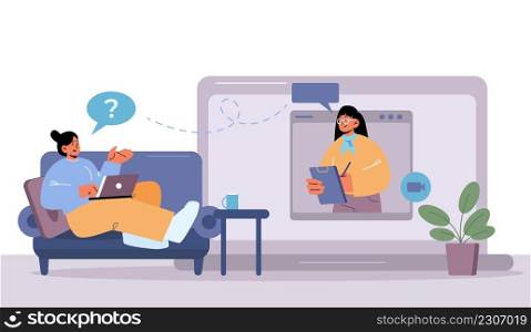 Online therapy session with psychologist. Concept of virtual professional mental health care. Vector flat illustration of psychotherapist counseling anxiety woman by video call.. Online therapy session with psychologist