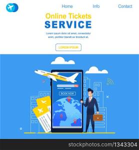 Online Tickets Service Airline Registration Flight. Mobile Phone Screen on Background Outline Cityscape. Guy Businessman in Suit Uses Smartphone for Communication with Work Partner. Business Trip