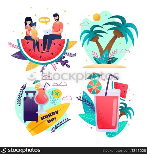 Online Tour Searching and Booking Service Cartoon Cards Set. Tropical Beach, Travel Accessories, Exotic Juice or Cocktail in Glass. Happy Family Found Best Travel Discount. Vector Flat Illustration. Online Tour Searching and Booking Service Set
