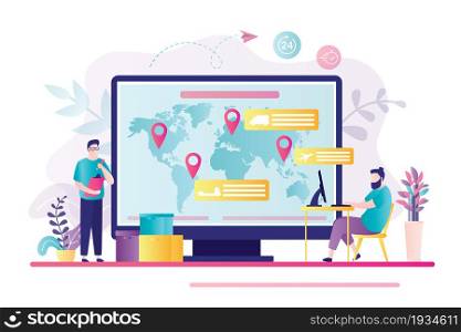 Online tracking of deliveries on computer screen. Male character works logistician. Concept of worldwide delivery, logistic and business. Business man controls delivery of parcels. Vector illustration. Online tracking of deliveries on computer screen. Male character works logistician. Concept of worldwide delivery, logistic and business