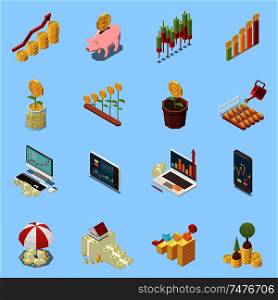 Online trading colorful isometric icons set with money and electronic devices isolated on blue background 3d vector illustration