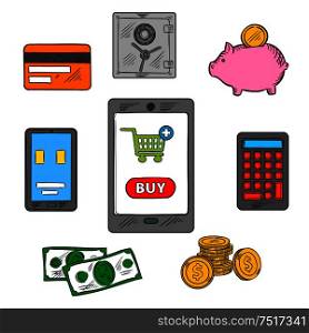 Online trading flat concept with a shopping cart on a tablet screen surrounded by various payment options including various forms of cash, a safe and a bank card, vector illustration. Online trading flat concept