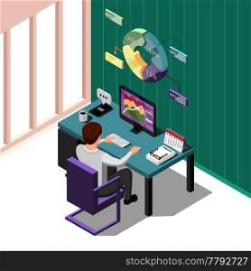 Online trading isometric background with creative man at workplace looking for change in prices on stock market vector illustration. Online Trading Isometric Background 