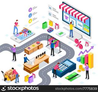 Online trading marketplace, buy in worlds largest wholesale platform. Buyers, delivery and tracking, salers and payment system, support center. Buy and sell goods worldwide vector illustration. Online trading marketplace. Buyers, delivery and tracking and payment system. Buy worldwide concept