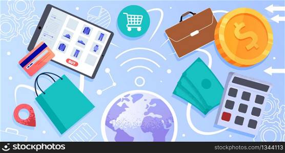 Online Trading or Shopping, Internet Commerce, Flat Vector Concept. Tablet with Clothing Online Store Webpage, Shopping Bag, Dollar Banknotes and Coin Illustrations with Globe, Web Icons on Background