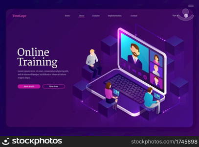 Online training banner. Digital service for internet education, distance study. Vector landing page of elearning with isometric laptop with teacher on screen and learning people. Online training, digital distance education