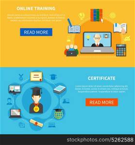 Online Training Banner Set. Two isolated horizontal online training banner set with online certificate description and read more button vector illustration