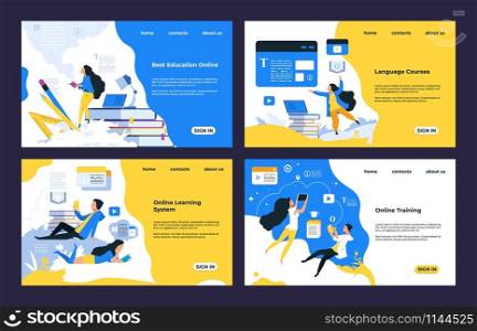 Online training landing page. Video tutorials, training courses, online library and education, landing page design. Vector web pages modern learning people knowledge. Online training landing page. Video tutorials, training courses, online library and education, landing page design. Vector web pages