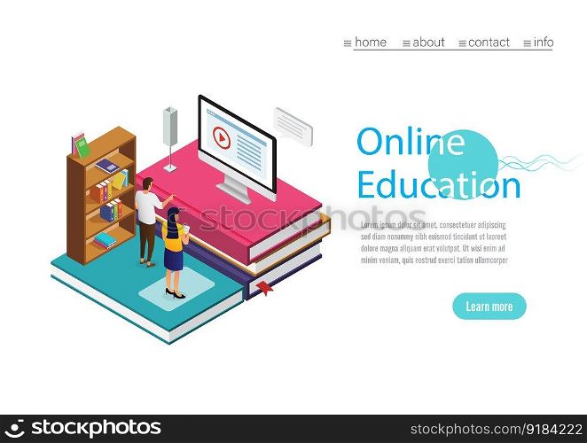 Online training, workshops and courses visualization flat 3d web isometric concept vector landing page template. Online Education with cpmputer. Vector Illustration.