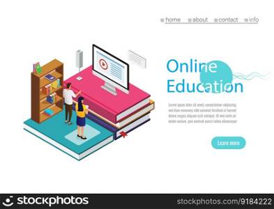 Online training, workshops and courses visualization flat 3d web isometric concept vector landing page template. Online Education with cpmputer. Vector Illustration.