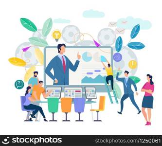 Online Training, Workshops and Courses Visualization. Small People Look at Huge Monitor Screen with Speaking Teacher. Using Smart Technology, Internet and Gadgets. Cartoon Flat Vector Illustration.. Online Training Workshop and Courses Visualization