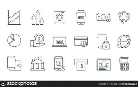 Online transaction icon. Internet banking safety money web transfer and payments finance vector line symbols set. Illustration of money payment and banking transaction. Online transaction icon. Internet banking safety money web transfer and payments finance vector line symbols set