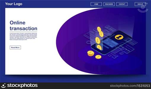 Online transaction webpage vector template with isometric illustration. Website interface design. E-payment. Mobile banking. Payment system user account. Send money. Webpage, mobile app 3d concept. Online transaction webpage vector template with isometric illustration