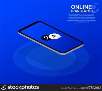 Online translator concept isometric vector illustration. Smartphone with flags of different states and world map on the screen concept translator app. Vector stock illustration.