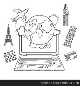 Online travel and sightseeing booking service sketched icons with a laptop surrounded by a globe, calendar, credit card, airplane and international landmarks. Online travel and booking service design