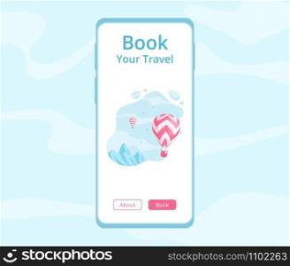 Online travel booking mobile app concept vector illustration. Red hot air balloon on blue mountain landscape with Book Travel message on mobile screen application template for online booking service. Online travel booking mobile app vector concept