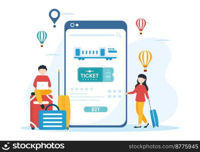 Online Travel Ticket Store Through transportation and Journey Provider App for Booking in Flat Cartoon Hand Drawn Template Illustration
