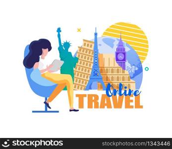Online Travel. Woman chooses Tourist Destination. Young Person Sitting Chair with Laptop and orders Tourist Tour trip. Travel Agency Supports Social Networks. Discount for Online Tour.