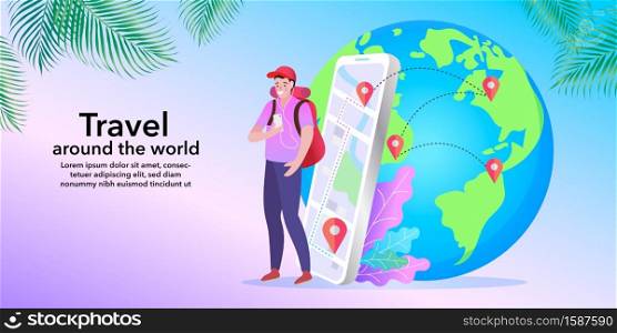 Online travelling Illustration for landing page. Travel and vacation concept. Man using mobile navigation app.