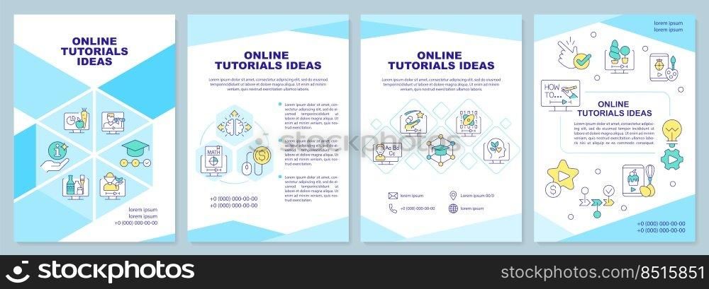 Online tutorials ideas turquoise brochure template. Leaflet design with linear icons. Editable 4 vector layouts for presentation, annual reports. Arial-Black, Myriad Pro-Regular fonts used. Online tutorials ideas turquoise brochure template