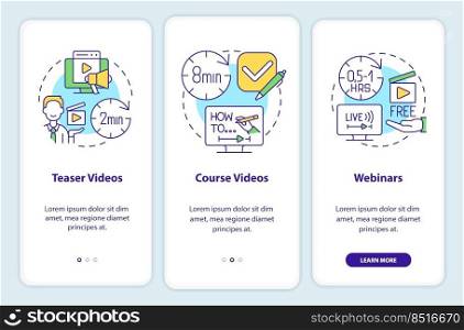 Online tutorials types onboarding mobile app screen. Walkthrough 3 steps editable graphic instructions with linear concepts. UI, UX, GUI template. Myriad Pro-Bold, Regular fonts used. Online tutorials types onboarding mobile app screen