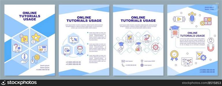 Online tutorials usage brochure template. E learning. Leaflet design with linear icons. Editable 4 vector layouts for presentation, annual reports. Arial-Black, Myriad Pro-Regular fonts used. Online tutorials usage brochure template