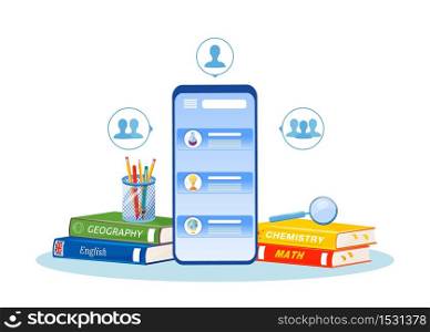 Online tutoring flat concept vector illustration. Distance education. High school subjects learning smetaphor. Remote lessons. Homework help. Mobile phone and textbooks 2D cartoon objects. Online tutoring flat concept vector illustration