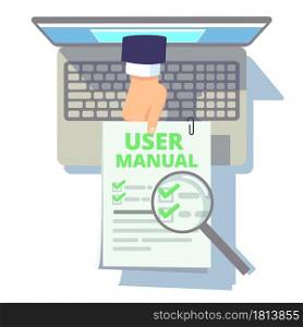 Online user guide. Web manual, hand from laptop screen holding instruction or info. Flat computer with booklet, client service vector illustration. Online information instruction, help service guide. Online user guide. Web manual, hand from laptop screen holding instruction or info. Flat computer with booklet, client service vector illustration