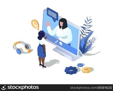 Online video call concept 3d isometric web scene. People talking in video programm, discussing work tasks, distant consulting at virtual conference. Vector illustration in isometry graphic design