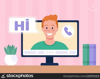 Online video call with friend flat color vector illustration. Enhancing relationships. Face-to-face communication. Happy ginger haired guy 2D cartoon character with computer monitor on background. Online video call with friend flat color vector illustration