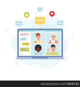 Online video chat conference concept. Online meeting with diverse group of people. With notifications bubbles. Vector illustration.