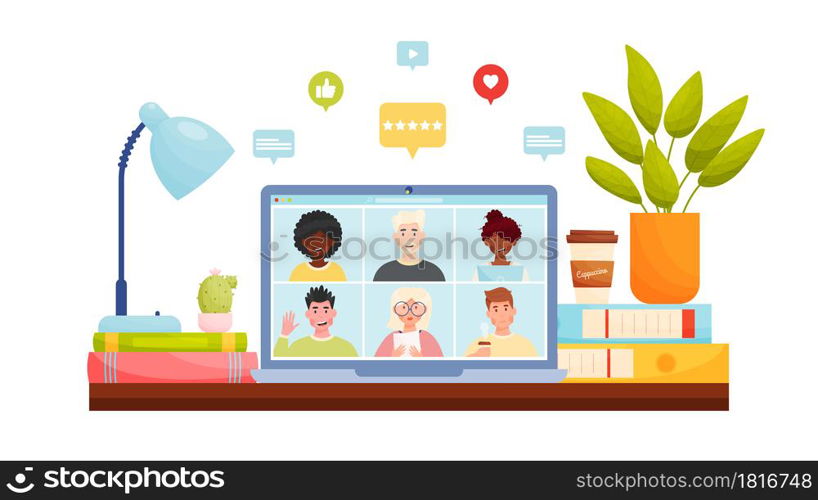 Online video chat conference meeting with diverse group of people. Home office workplace concept with notifications bubbles. Vector illustration.