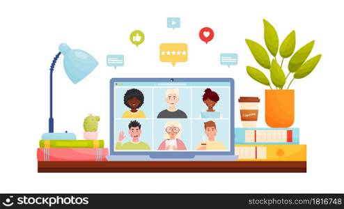 Online video chat conference meeting with diverse group of people. Home office workplace concept with notifications bubbles. Vector illustration.