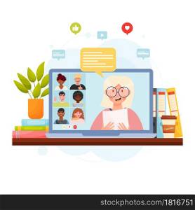 Online video chat conference meeting with diverse group of people. Home office workplace concept with notifications bubbles. Vector illustration.