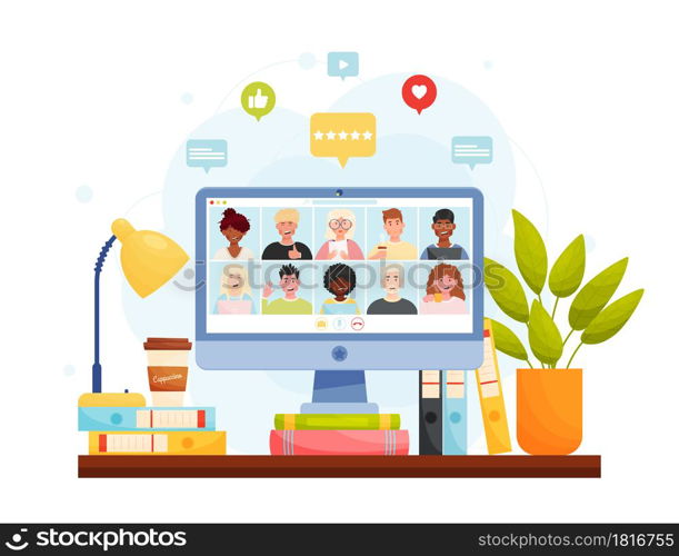 Online video chat conference meeting with diverse group of people. Home office workplace concept. Vector illustration.